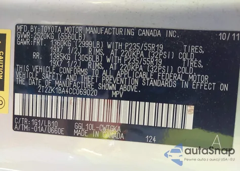 2012 Lexus Rx 350 from USA, damaged, VIN 2T2ZK1BA4CC069020